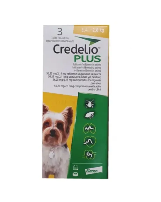 Credelio Plus - таблетки за вътрешно и външно обезпаразитяване на кучета от 1,4 до 2,8 кг - кутия с 3 таблетки