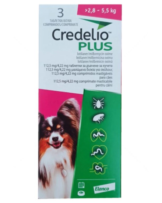 Credelio Plus - таблетки за вътрешно и външно обезпаразитяване на кучета от 2,8 до 5,5 кг - кутия с 3 таблетки