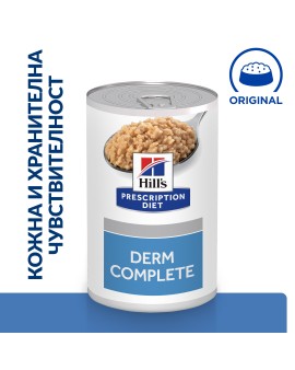 Hill's PRESCRIPTION DIET Derm Complete - лечебна мокра храна за кучета с хранителни алергии и алергии от околната среда, с ориз и яйца, консерва (370гр)