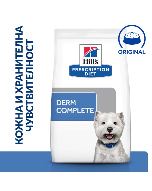 Hill's PRESCRIPTION DIET Derm Complete Mini - лечебна суха храна за кучета с хранителни алергии и алергии от околната среда, за мини породи до 10 кг, с ориз и яйца