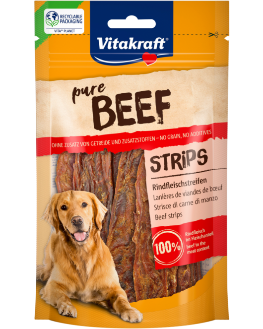 Лакомства за кучета - Vitakraft ® Pure BEEF Strips 80гр. - Ленти от ГОВЕЖДО месо, 100% ГОВЕЖДО в съдържанието на месо